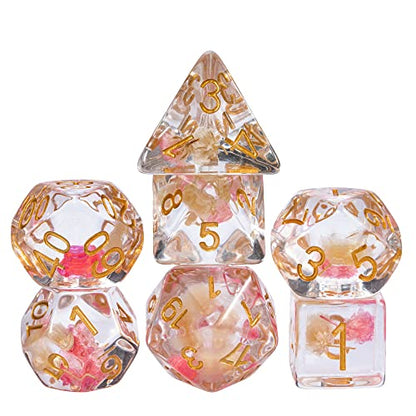 Cusdie 7-Die DND Dice, Polyhedral Dice Set Filled with Flowers, for Role Playing Game D&D Dice (Rose/White w/Golden Numbers) - color: Rose/White W/Golden Numbers