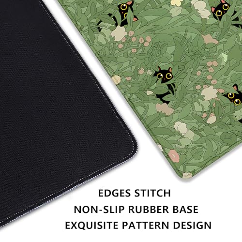 Cute Cats Desk Pad Mouse Pad,Sage Green Plants Flowers Floral Mouse Mat Large,Stitched Edges Non-Slip Waterproof Rubber Base Mous Mat for Office Home Work Gaming(27.5X11.8 in) - color: Cute Cats Green Plants