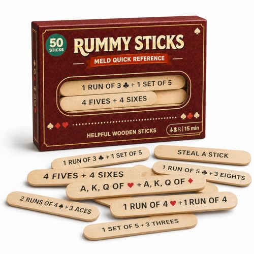 Rummy Sticks Card Game Set with 50 Sticks, for 2-8 Players, Portable Travel Game with Box and Instructions for Family Game Night and Gatherings