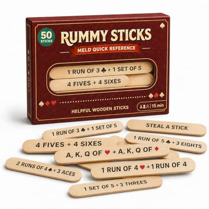 Rummy Sticks Card Game Set with 50 Sticks, for 2-8 Players, Portable Travel Game with Box and Instructions for Family Game Night and Gatherings