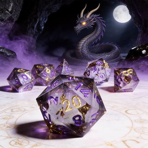 DND Polyhedral Resin Dice Set,for Dungeons and Dragons RPG MTG Table Games,7 PCS Sharp Edge Handmade Liquid Core - color: Violet Gold