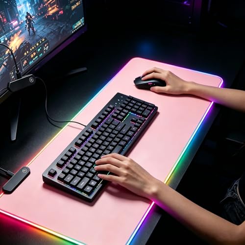 RGB Large Gaming Mouse Pad, Extended Mouse Pad with 12 Lighting Effects, Water Proof Mutispandex Surface, Non-Slip Rubber Base, 80x30 cm / 31.5×11.8 in (Pink) - color: Pink