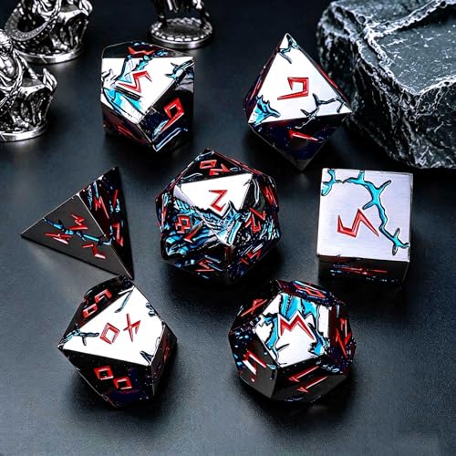Blue Dragon Metal DND Dice Set, 7 Piece Weighted Polyhedral Dice for Dungeons and Dragons, Heavy Zinc Alloy RPG Dice with Engraved Numbers & Storage Gift Case for Pathfinder MTG Role Playing Games - color: Black Red
