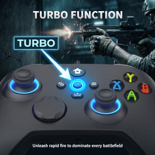 YUYIU Wired RGB Controller for Xbox One, Xbox Series X|S, PC, Steam, iOS | Wired Gaming Controller with Hall Effect Joystick/Trigger, Macro, Turbo, 3.5mm Audio Jack, Vibration (Phantom Black, 7.2FT)