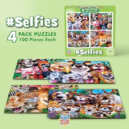 MasterPieces – Jigsaw Puzzle Set for Kids 6+ Years, 4-Pack of 100 Pieces, Educational and Fun Game, Silly Animals Collection, Gift Idea for Children, 8" x 10" - style: Selfies