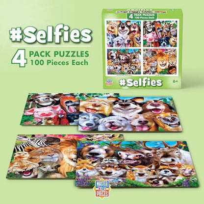 MasterPieces – Jigsaw Puzzle Set for Kids 6+ Years, 4-Pack of 100 Pieces, Educational and Fun Game, Silly Animals Collection, Gift Idea for Children, 8" x 10" - style: Selfies