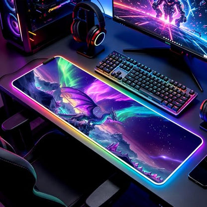 RGB Fantasy Aurora Scenery and Dragon Gaming Desk Mat, Computer Keyboard Large Extended Long LED Mouse Pad for Office and Home, XL (W06) - color: Rgb-w06
