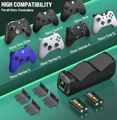 Controller Charger Station with 2x5520mWh Rechargeable Battery Packs for Xbox One/X/S/Elite/Series X|S, High Speed Charging Station Dock with 4 Batteries Cover for Xbox Controller Battery Pack