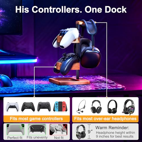 Solid Wood Controller Holder and Headphone Stand, Controller Stand for Desk | Dual Gaming Controller Organizer Rack, Fits Xbox, PS4, PS5, Gamepad, Headset Holder for Son, Husband, Boyfriend