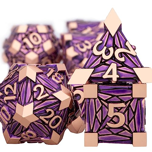 7PCS Metal DND Dice Set with Box, Debris RPG Purple D and D Dice for use with D&D Tabletop Games Role Playing Game Polyhedral Dice Set D20 D12 D10 D8 D6 D4 - color: Copper Purple