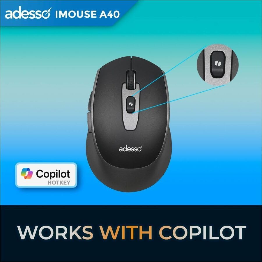 Adesso iMouse A40 Wireless Mouse, Bluetooth and 2.4GHz Dual Mode with USB-C Receiver, Copilot AI Hotkey, Quiet Click Switches, 3 Level DPI (1000/1600/2400), 6 Buttons for Windows and Mac