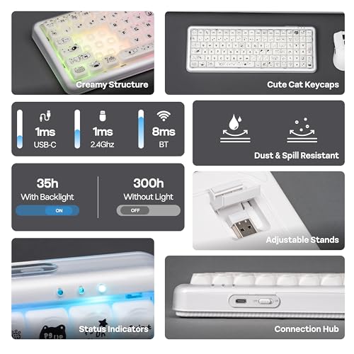 MechLands X Maorbeng X100 PRO Membrane Gaming Keyboard with Number Pad, RGB Backlits, Wireless Computer Keyboard with 5000mAh Battery, BT/2.4G/USB-C Wired, 96% Layout for Windows/Mac/PC (White) - color: White