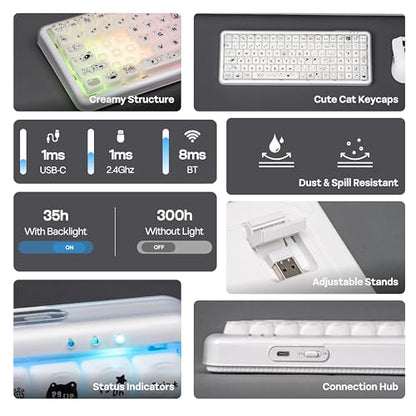 MechLands X Maorbeng X100 PRO Membrane Gaming Keyboard with Number Pad, RGB Backlits, Wireless Computer Keyboard with 5000mAh Battery, BT/2.4G/USB-C Wired, 96% Layout for Windows/Mac/PC (White) - color: White