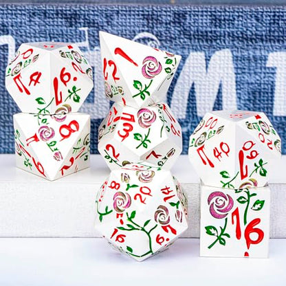Gothic DND Dice Set Bleeding Rose Metal D and D Dice for use with Dungeons Dragons D&D Role Playing Game, Purple Red RPG Polyhedral Dice Set D20 D12 D10 D8 D6 D4 - color: Purple Red&silver&red Numbers