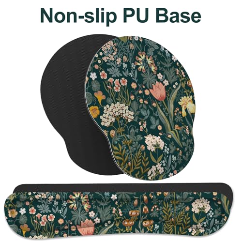 Ergonomic Mouse Pad with Wrist Rest and Keyboard Wrist Rest, Mousepad and Wrist Rest for Computer Keyboard, Pain Relief, Non-Slip Rubber Base, Mouse Pad Wrist Support for Gaming, Green Flowers - color: Green Flowers