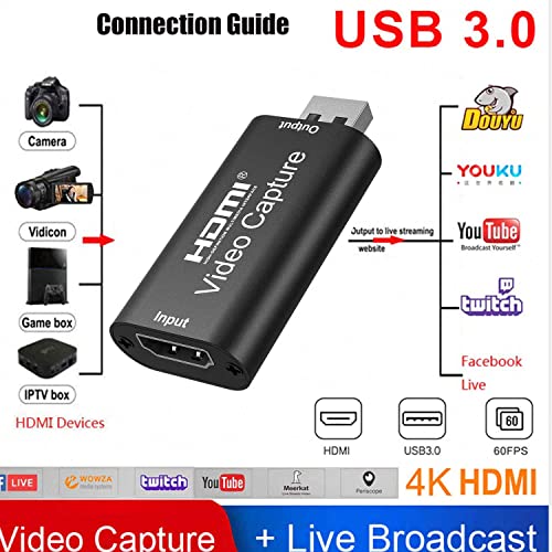 Video Capture Card, Hdmi Video Capture Card, USB Capture Card,4K HDMI to USB2.0, Record via DSLR Camcorder Cam for High Definition Acquisition, for Broadcasting, Amamzing Record, Meeting,ect. (Black)