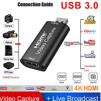 Video Capture Card, Hdmi Video Capture Card, USB Capture Card,4K HDMI to USB2.0, Record via DSLR Camcorder Cam for High Definition Acquisition, for Broadcasting, Amamzing Record, Meeting,ect. (Black)