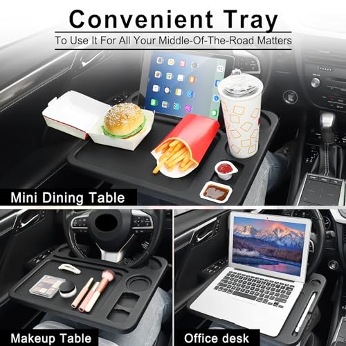 JUSTTOP 4 In 1 Car Steering Wheel Desk for Laptop,Versatile Upgraded Car Seat Tray, Spacious Steering Wheel Table With Tablet Holder and Dual Sauce Racks,Steering Wheel Under Table Console (Large) - color: Black-upgraded