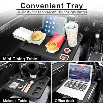 JUSTTOP 4 In 1 Car Steering Wheel Desk for Laptop,Versatile Upgraded Car Seat Tray, Spacious Steering Wheel Table With Tablet Holder and Dual Sauce Racks,Steering Wheel Under Table Console (Large) - color: Black-upgraded