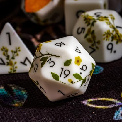White DND Dice Set Flower Polyhedral Dice Set for D&D Tabletop Games | Premium Gift Box, DM Gift, for Dungeons and Dragons Role Playing Games - color: Pattern-yellow Flower