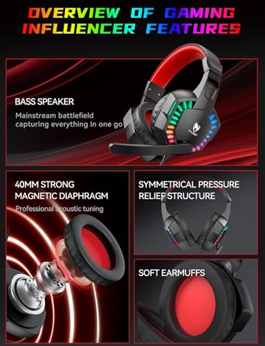 Stereo Gaming Headset for PS4 PC Xbox One PS5 Controller, Noise Cancelling Over Ear Headphones with Mic, LED Light, 7.1 Surround Sound, Soft Memory Earmuffs for Nintendo Xbox Series