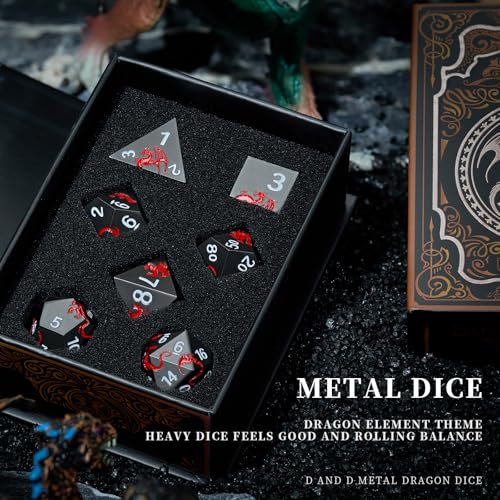 Dragon Metal DND Dice Set,Heavy Zinc Alloy Polyhedral 7-Die Set for Fantasy TTRPG & Tabletop RPG Games,Luxury Magnetic Display Case,Gift Ready for Collectors & Players(Black Red Dragon) - color: Black With Red