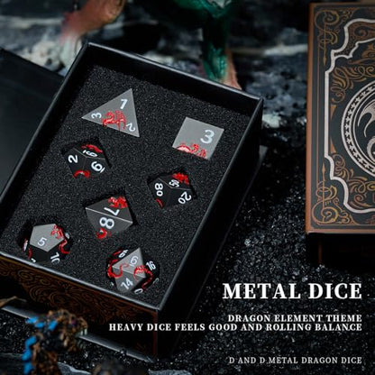 Metal Dice Set,7-Piece Zinc Alloy Dragon DND Dice,Black Red | Complete polyhedral dragon dice set with easy-to-read numbers and a magnetic gift box for DND players and collectors. - color: Black With Red