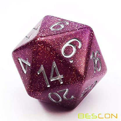 Bescon Glitter Jumbo D20 38MM, Big Size 20 Sides Dice Glitter Purple, Big 20 Faces Cube 1.5 inch - color: Glitter Purple