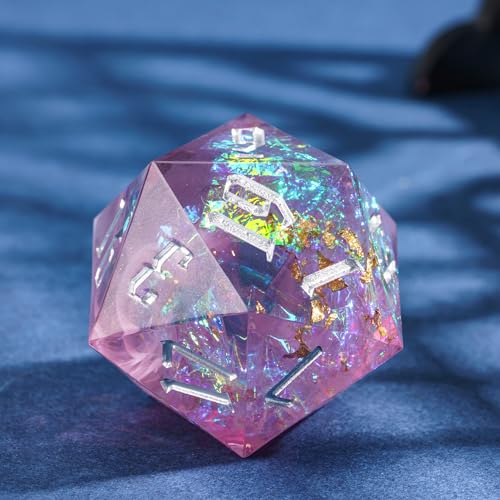Cusdie Single D20 DND Dice with Sharp Edges and Glitter Foil Inclusions, 20 Sided D&D Dice, 33mm Handcrafted Polyhedral Dice, for Role Playing Game (Purple/Silver Font) - color: Purple
