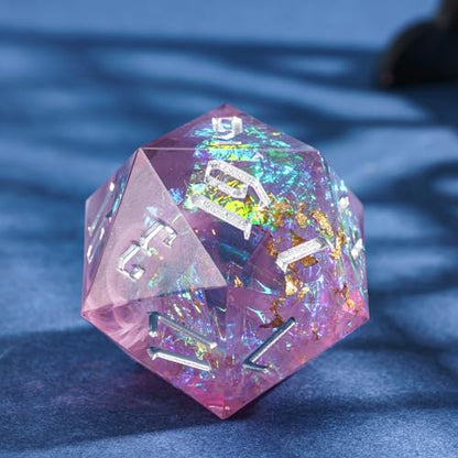 Cusdie Single D20 DND Dice with Sharp Edges and Glitter Foil Inclusions, 20 Sided D&D Dice, 33mm Handcrafted Polyhedral Dice, for Role Playing Game (Purple/Silver Font) - color: Purple