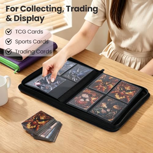 4 Pocket Trading Card Binder, Ringless Card Binder with Zipper for TCG and Sport Cards Collections, Holds 160 Cards with Side-Loading Pages, Black - color: 1.Black - 4 Pocket - 160 Slots