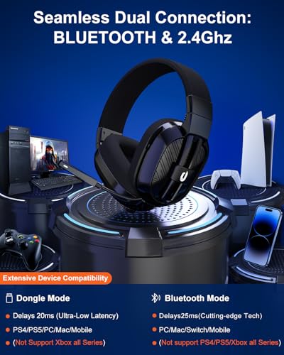 Jeecoo 2.4GHz Wireless Gaming Headset with Microphone for PC PS5 PS4, Bluetooth 5.3 Gaming Headphones with Noise Canceling Mic for Laptop, Mobile, Mac, Stereo Sound, 50+Hr Battery, Low Latency - color: Black