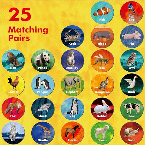 Hebayy Realistic Animal Matching Game, 50 PCS Round Animal Memory Matching Cards for Toddlers 25 Pairs Real Animal Memory Cards Educational Toys for Preschool Boys & Girls 4 5 6 Years Old - style: Real Animals-C（Round 3 inch）