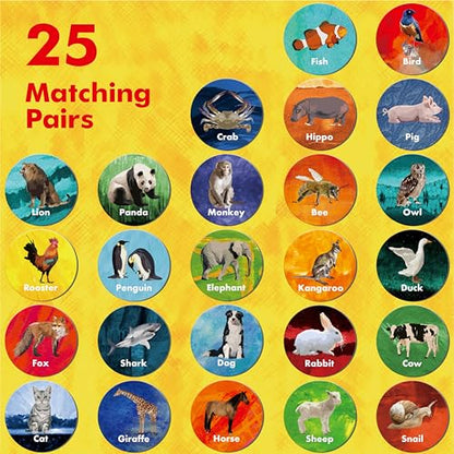 Hebayy Realistic Animal Matching Game, 50 PCS Round Animal Memory Matching Cards for Toddlers 25 Pairs Real Animal Memory Cards Educational Toys for Preschool Boys & Girls 4 5 6 Years Old - style: Real Animals-C（Round 3 inch）