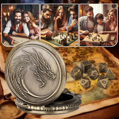 Mini DND Dice Set with Steampunk Dragon Head Totem Pocket Watch Case, Tiny 7PCS Polyhedral Metal D&D Dice, DND Gifts with Gift Box, Role Playing Game Board Game Accessories Dice, Bronze - color: Bronze