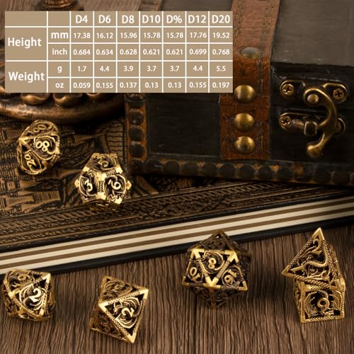 7PCS DND Dice Set, Premium Hollow Metal Polyhedral Dice with Treasure Chest & Dice Bag, Gift for Men & Women, Dungeons and Dragons, TTRPG RPG Tabletop Games (Antique Gold Copper) - color: Antiquegold-copper
