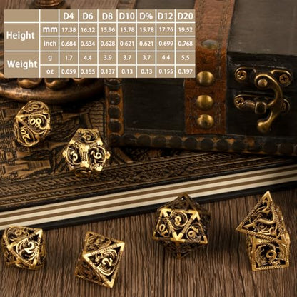 7PCS DND Dice Set, Premium Hollow Metal Polyhedral Dice with Treasure Chest & Dice Bag, Gift for Men & Women, Dungeons and Dragons, TTRPG RPG Tabletop Games (Antique Gold Copper) - color: Antiquegold-copper