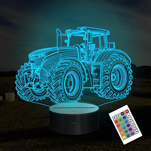 Attivolife Tractor 3D Illusion Night Lamp, 16 Color Changing Dimmable Hologram Lighting, Timer Toy USB Charge Table Desk Bedroom Decoration Creative Gift for Kid Boy with Remote Control - color: Tractor