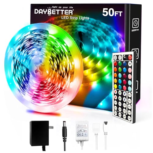 DAYBETTER Led Strip Lights 50ft, Color Changing Led Light Strip with Remote Control, 5050 RGB Strip Lighting Suitable for Home Decor, Living Room, Kitchen, Home Party Decoration - size: 50FT