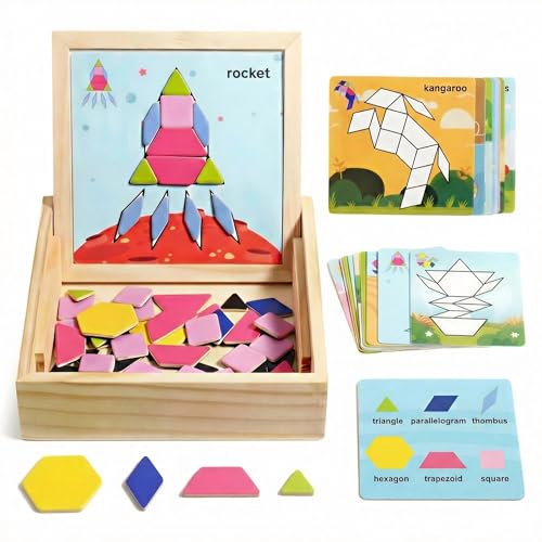 Magnetic Pattern Blocks Wooden Geometric Shape Puzzle Toy for Kids Toddlers Age 3-8 Montessori STEM Learning Educational Game 75Pcs Tangram with Storage Box Travel Gift Classroom Whiteboard