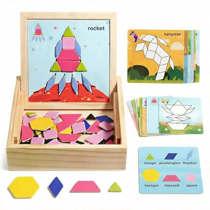 Magnetic Pattern Blocks Wooden Geometric Shape Puzzle Toy for Kids Toddlers Age 3-8 Montessori STEM Learning Educational Game 75Pcs Tangram with Storage Box Travel Gift Classroom Whiteboard