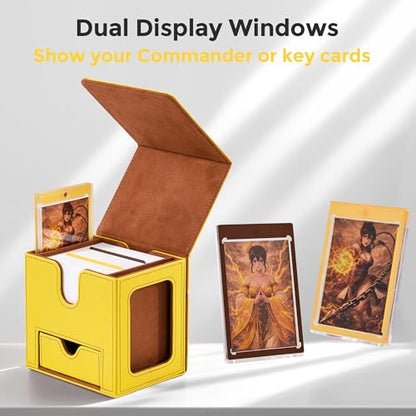 MTG Commander Deck Box with Dual Display Windows and Dice Tray | Fits 100 Double-Sleeved Cards, PU Leather, 2 Magnetic Card Holders, 2 Dividers, Yellow & Brown - color: 3. Yellow & Brown