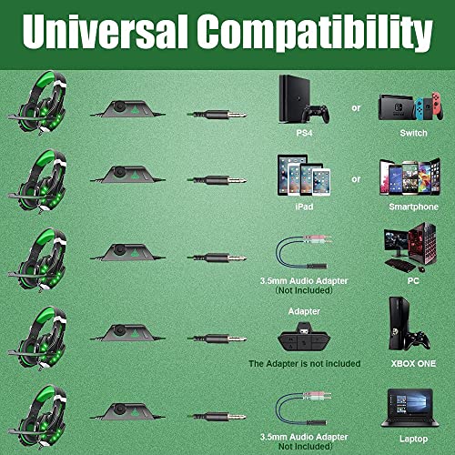 BENGOO G9000 Stereo Gaming Headset for PS4 PC Xbox One PS5 Controller, Noise Cancelling Over Ear Headphones with Mic, LED Light, Bass Surround, Soft Memory Earmuffs for Laptop Mac - Green - color: Green