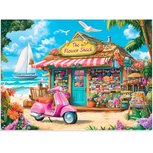 500 Pieces Puzzle for Adults, Beach House Flower Puzzle, Recycled Cardboard Jigsaw Puzzles 500 Pieces, Challenging Puzzles Game Home Art Decor Birthday Party Gift Toy for Teens Seniors 20.5 * 15 inch - style: Beach