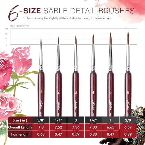 Professional Sable Hair Detail Paint Brush Set - 6 Miniature Art Brushes for Fine Detailing & Art Painting - Acrylic, Watercolor, Oil - Miniatures, Models, Red - color: Red