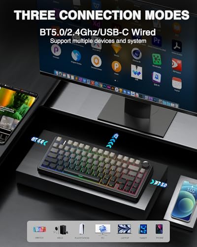AULA F75 Pro Wireless Mechanical Keyboard,75% Hot Swappable Custom Keyboard with Knob,RGB Backlit,Pre-lubed Reaper Switches,Side Printed PBT Keycaps,2.4GHz/USB-C/BT5.0 Mechanical Gaming Keyboards - color: F75 Pro-Black