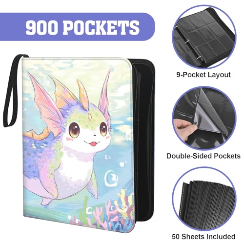 Trading Card Binder TCG, 900 Pockets, 50 9-Pocket Sheets, 3-Ring Refillable Album Fits Standard 2.5"×3.5" Cards, Zippered PU Cover, Acid-Free Top-Loading Pages, Wrist Strap - Axolotl Design - color: Axolotl Pastel