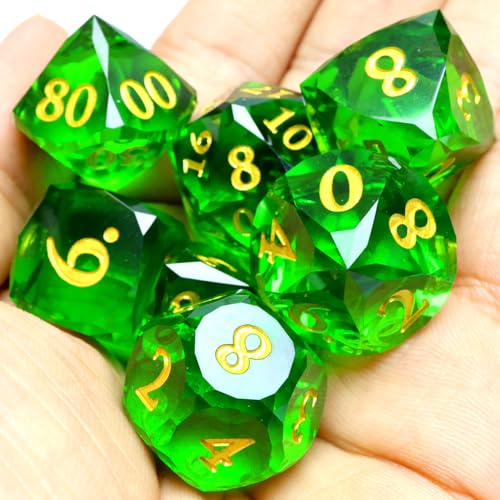 XENOLUX DND Dice Set, Sharp Edge Resin Geometric Diamond Cut Gemstone Shape with Translucent Emerald Green for Tabletop RPG Games - RD Green - color: Rd-green