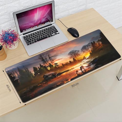 XXL Gaming Mouse Pad 35.4x15.7 inch, Autumn Forest Stream Landscape Theme Desk Mat,Large Waterwheel Deer Rainbow Scene Mousepad (Autumn Wooden House Deer) - color: autumn wooden house deer