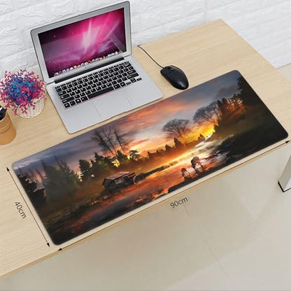 XXL Gaming Mouse Pad 35.4x15.7 inch, Autumn Forest Stream Landscape Theme Desk Mat,Large Waterwheel Deer Rainbow Scene Mousepad (Autumn Wooden House Deer) - color: autumn wooden house deer